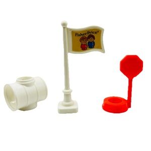 Vintage Fisher Price Little People School Playground Drum  Flag Pole  Walk Sign